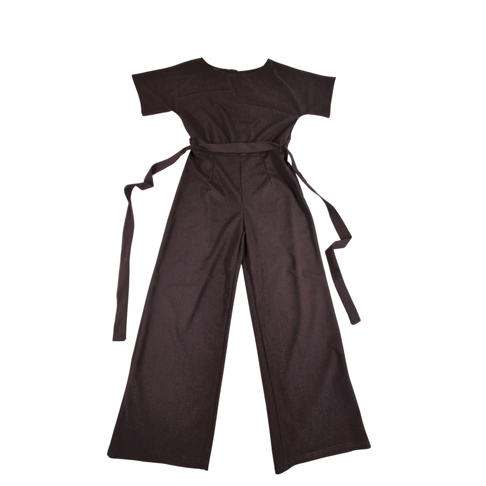 Women Short Sleeve Wide Leg Jumpsuit Charcoal Black XL Belted Stretch